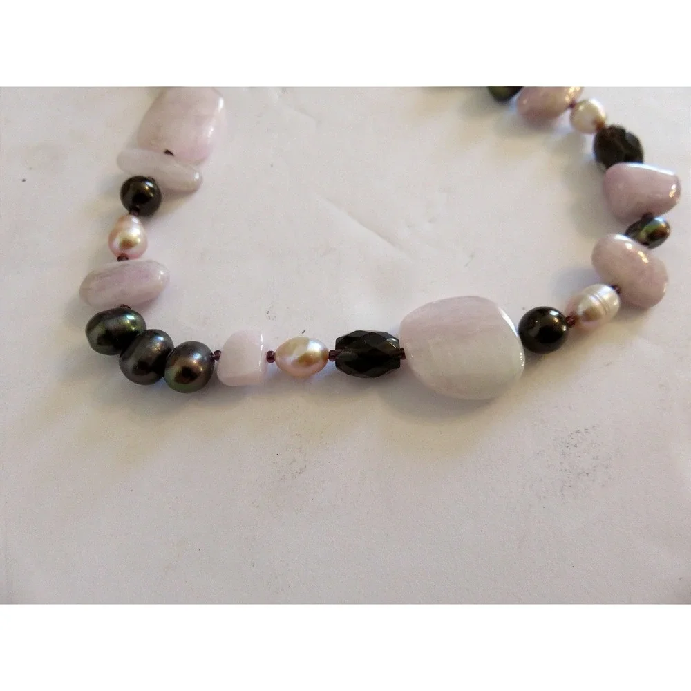 Rose Quartz & Freshwater Pearl Beaded Necklace and Earring Set Pink Brown Silver